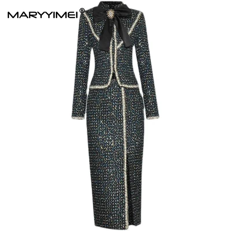 MARYYIMEI Autumn Women Suit Standing collar Bow Long Sleeve Top coat + Package hip Split Skirt Beaded sequins 2 Pieces Set
MARYYIMEI Autumn Women Suit Standing collar Bow Long Sleeve Top coat + Package hip Split Skirt Beaded sequins 2 Pieces Set