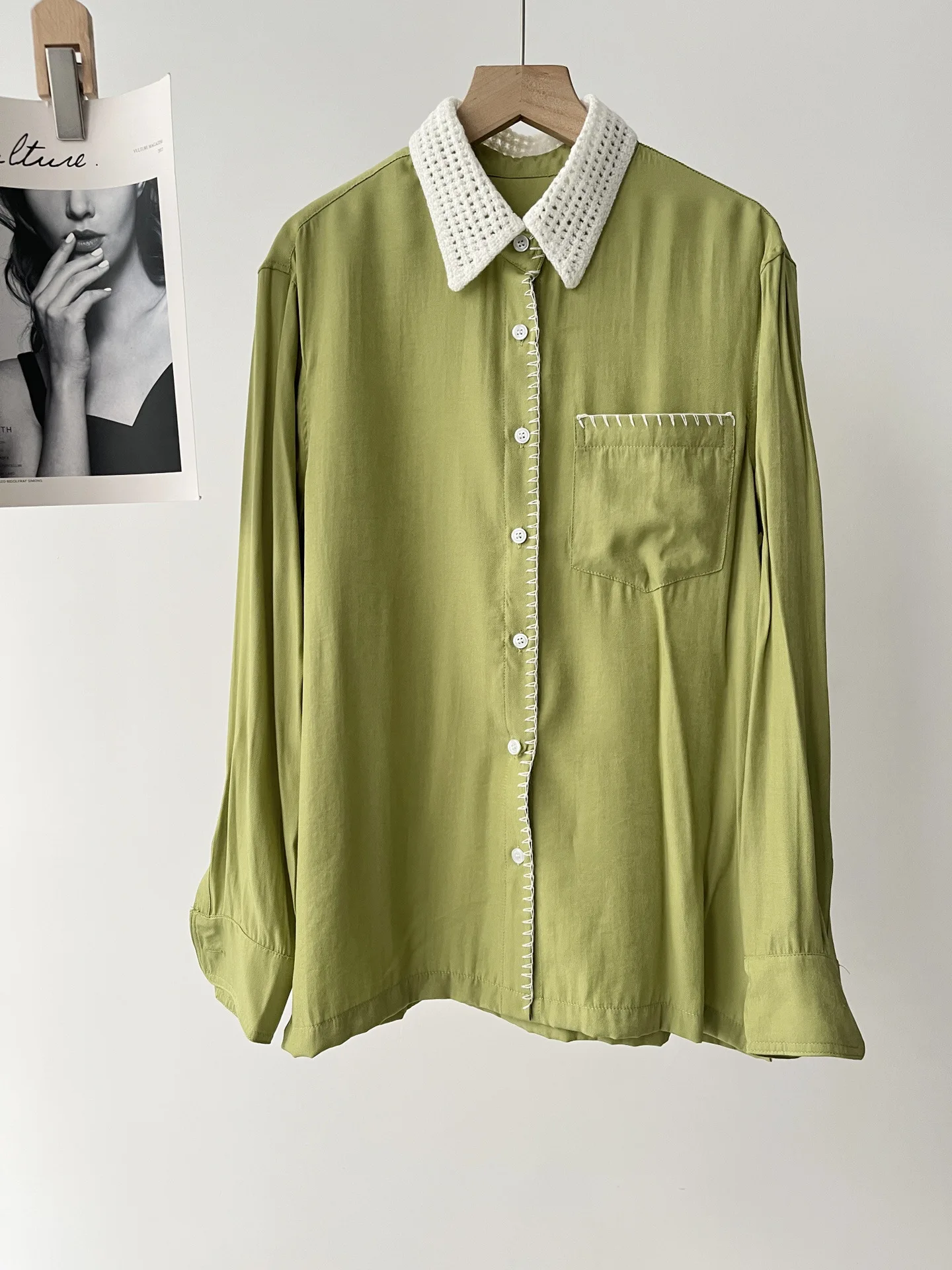 Splicing Knitted Collar Green Shirt Women's Spring and Summer Pendant Shirt Long Sleeve French Top 51c-0239
Splicing Knitted Collar Green Shirt Women's Spring and Summer Pendant Shirt Long Sleeve French Top 51c-0239