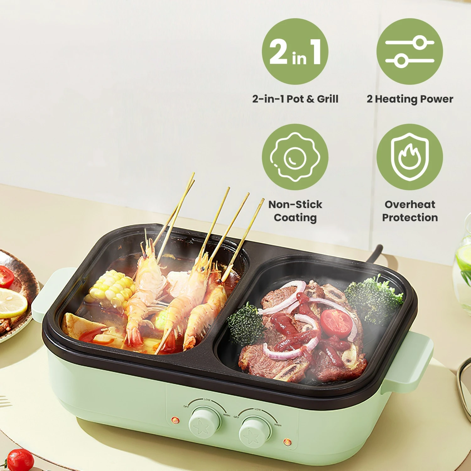 2-in-1 Hot Pot and Grill Combo, Dual Temperature Control, Non-Stick Pan, Overheat Safe, Portable Indoor BBQ for Home Dorm
2-in-1 Hot Pot and Grill Combo, Dual Temperature Control, Non-Stick Pan, Overheat Safe, Portable Indoor BBQ for Home Dorm