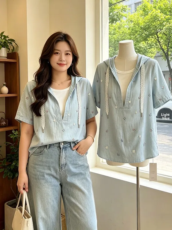Loose Blue Short Sleeve Shirt Women's plus Size Summer New Style Korean Version Casual Comfortable Belly Covering Top
Loose Blue Short Sleeve Shirt Women's plus Size Summer New Style Korean Version Casual Comfortable Belly Covering Top