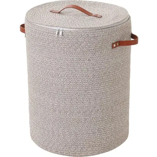 Extra Large Round Cotton Rope Hamper With Zippered Lid And Brown Leather Handles – Camel White Mix, 16x20 Inches
Extra Large Round Cotton Rope Hamper With Zippered Lid And Brown Leather Handles – Camel White Mix, 16x20 Inches