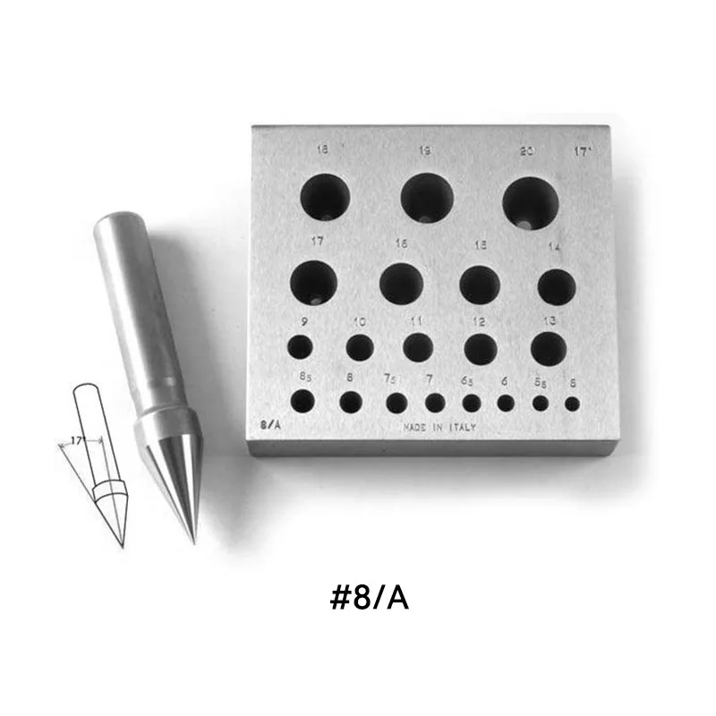 O.M.O Italy Round Bezel Forming Block 20 Holes #8/A Hardened Steel Collet Block with Round Holes & Punch Making Bezel Setting
O.M.O Italy Round Bezel Forming Block 20 Holes #8/A Hardened Steel Collet Block with Round Holes & Punch Making Bezel Setting