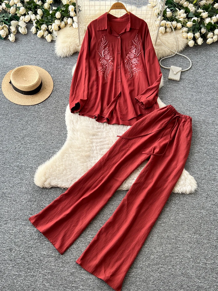 Laid-back Red Embroidered Shirt Wide Leg Pants Two-piece Set Women's Casual Commute Versatile Style Autumn Fashion Ensemble
Laid-back Red Embroidered Shirt Wide Leg Pants Two-piece Set Women's Casual Commute Versatile Style Autumn Fashion Ensemble
