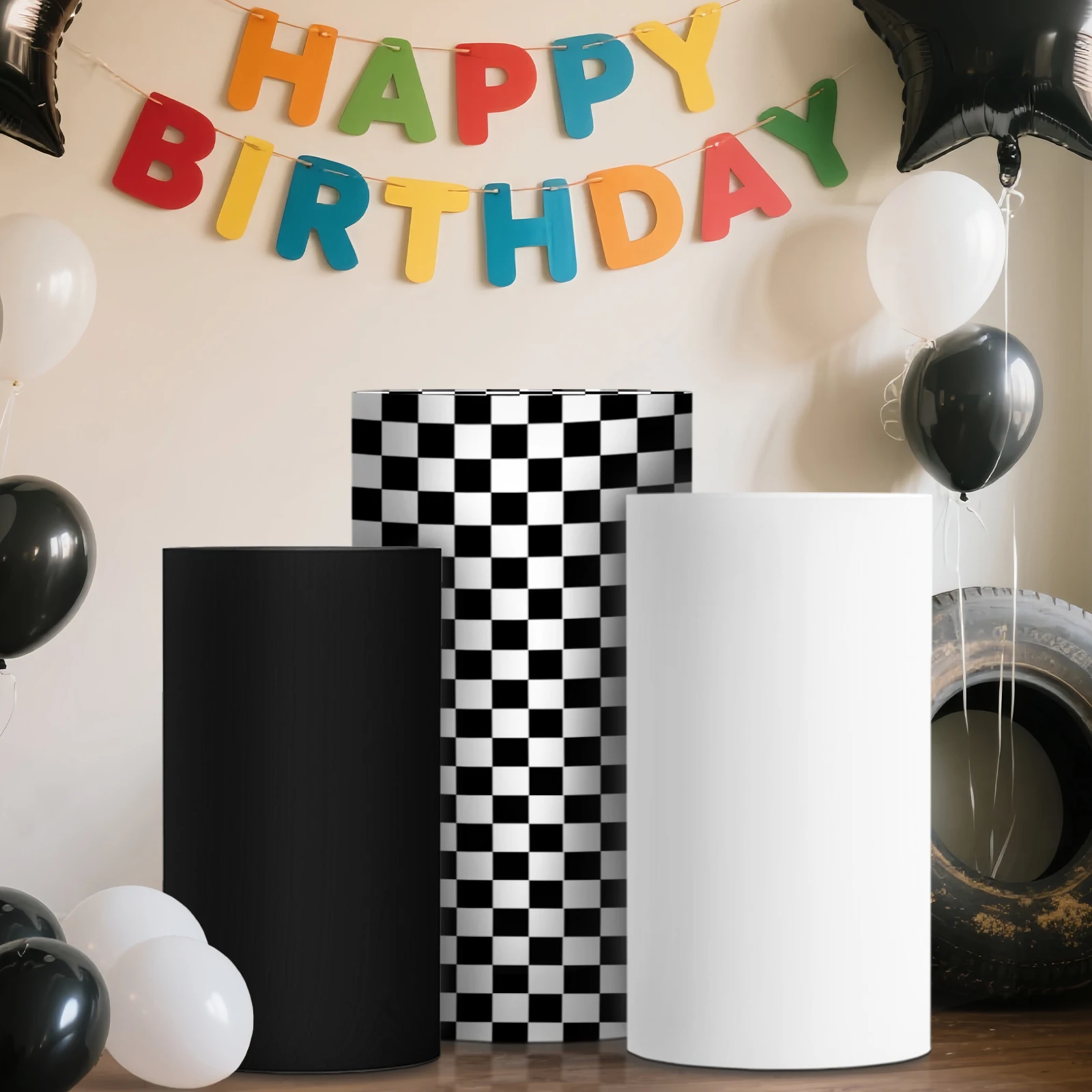 3 Pieces, Racing Truck Birthday Party Black and White Checkered Tablecloth Cover, Used for Shower Race Track Party Decorations, Only Includes Round Column Covers, Does Not Include the Cylindrical Columns
3 Pieces, Racing Truck Birthday Party Black and White Checkered Tablecloth Cover, Used for Shower Race Track Party Decorations, Only Includes Round Column Covers, Does Not Include the Cylindrical Columns