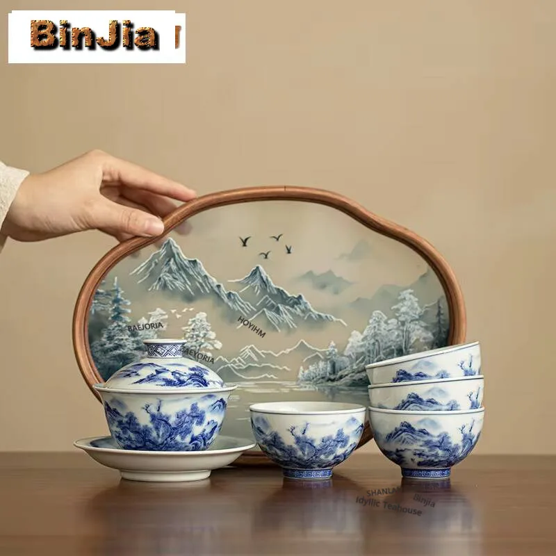 Blue And White Landscape Cover Bowl Set Creative Ceramic Tea-calix With Glass Plate Retro Tea Ceremony Set Pot And Cup Teaware
Blue And White Landscape Cover Bowl Set Creative Ceramic Tea-calix With Glass Plate Retro Tea Ceremony Set Pot And Cup Teaware