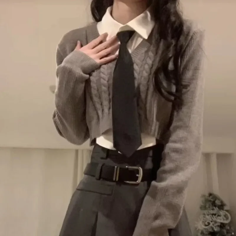V Neck Women Preppy Style Vintage High Waist Gray Pullovers Crop Tops Sweaters Jumper White Shirts Sets Y2k Two Piece Japanese
V Neck Women Preppy Style Vintage High Waist Gray Pullovers Crop Tops Sweaters Jumper White Shirts Sets Y2k Two Piece Japanese
