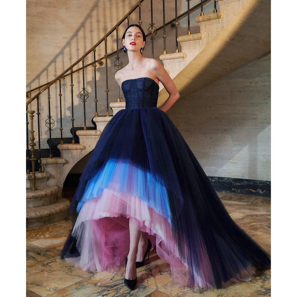 Chic Strapless Evening Dresses Elegant Tiered Pleat Multi-Colored High/Low Prom Gowns Fashion Sweep Train Women Party Dresses
Chic Strapless Evening Dresses Elegant Tiered Pleat Multi-Colored High/Low Prom Gowns Fashion Sweep Train Women Party Dresses