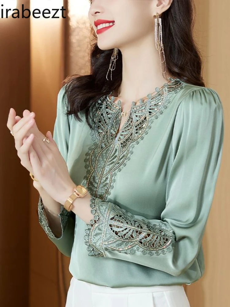 Elegant Satin Women New Fashion V Neck Embroidered Shirt Autumn Chic Office Ladies Tops Long Sleeve Flowy Dressy Blouse
Elegant Satin Women New Fashion V Neck Embroidered Shirt Autumn Chic Office Ladies Tops Long Sleeve Flowy Dressy Blouse