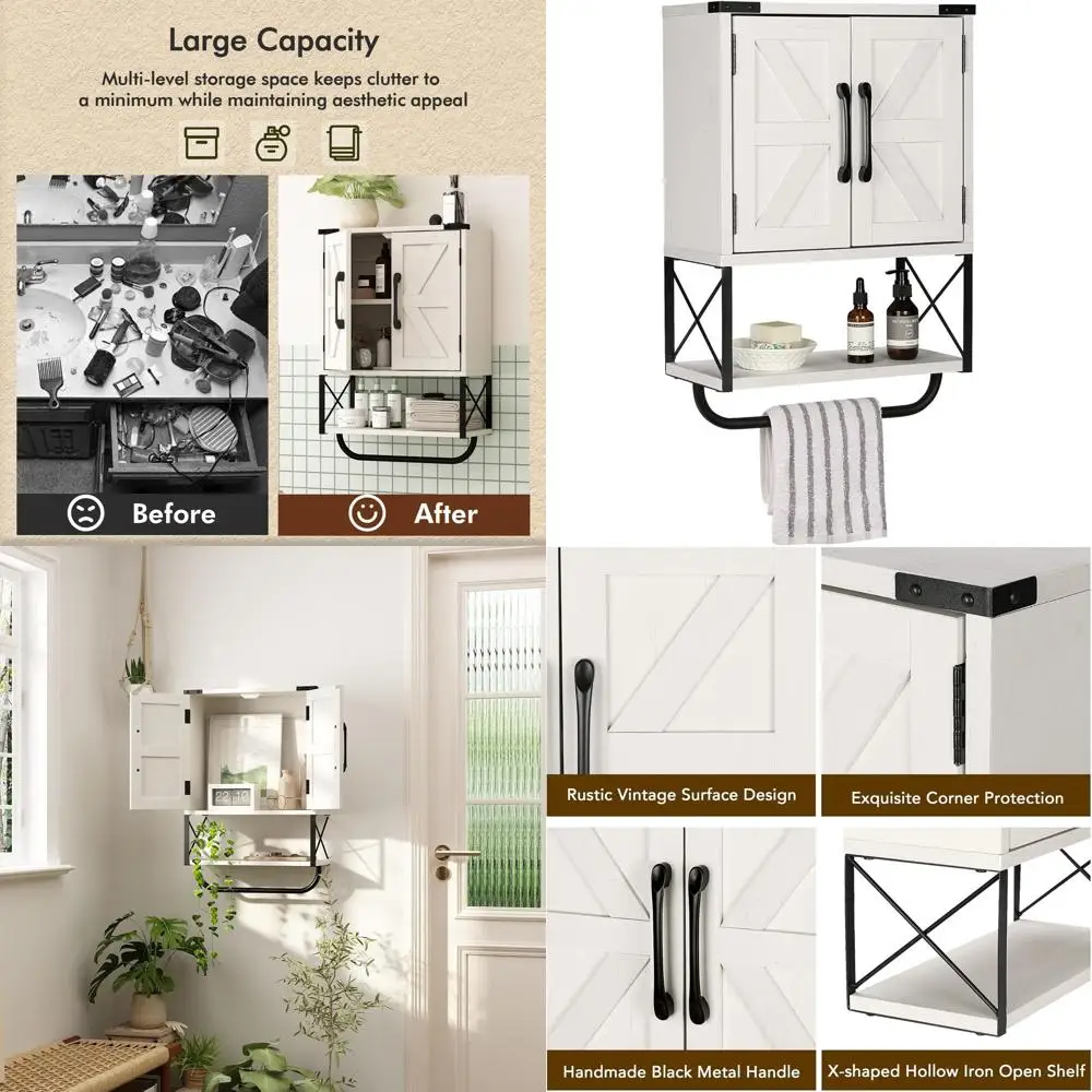 Rustic Two-Door Wall-Mounted Medicine Cabinet with Adjustable Shelves and Towel Bar, Vintage White for Bathroom or Living Room
Rustic Two-Door Wall-Mounted Medicine Cabinet with Adjustable Shelves and Towel Bar, Vintage White for Bathroom or Living Room