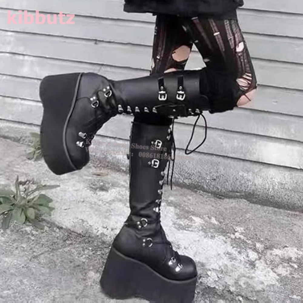 Gothic Thick Bottom Slope Boots Knee High Round Toe Novelty Leather Lace-Up Rock Punk Wind Subculture Y2K Spicy Girl Sexy Newest
Gothic Thick Bottom Slope Boots Knee High Round Toe Novelty Leather Lace-Up Rock Punk Wind Subculture Y2K Spicy Girl Sexy Newest
