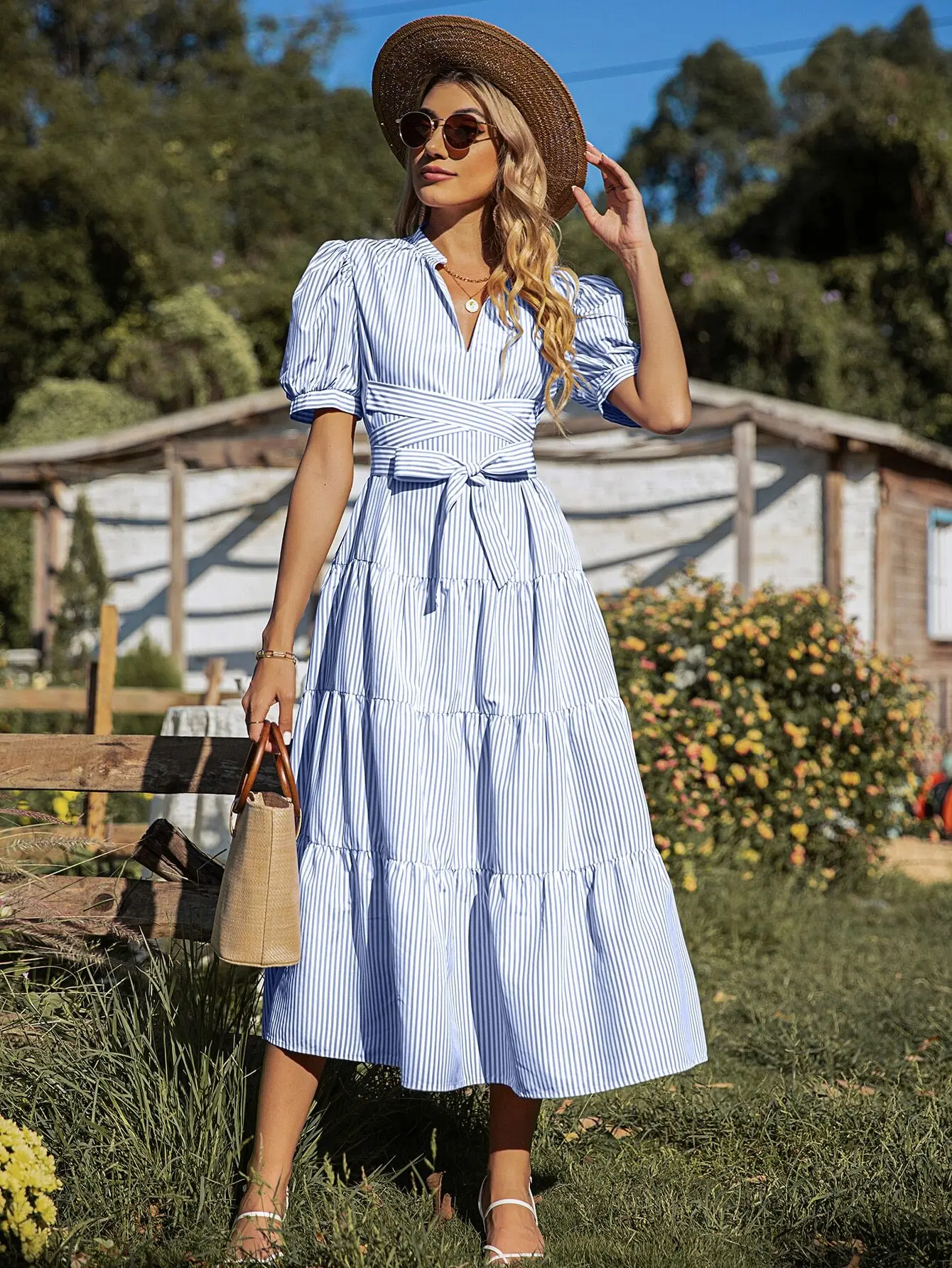 Blue and White Vertical Striped Puff Sleeve Tiered Midi Dress with Tie Waist
Blue and White Vertical Striped Puff Sleeve Tiered Midi Dress with Tie Waist