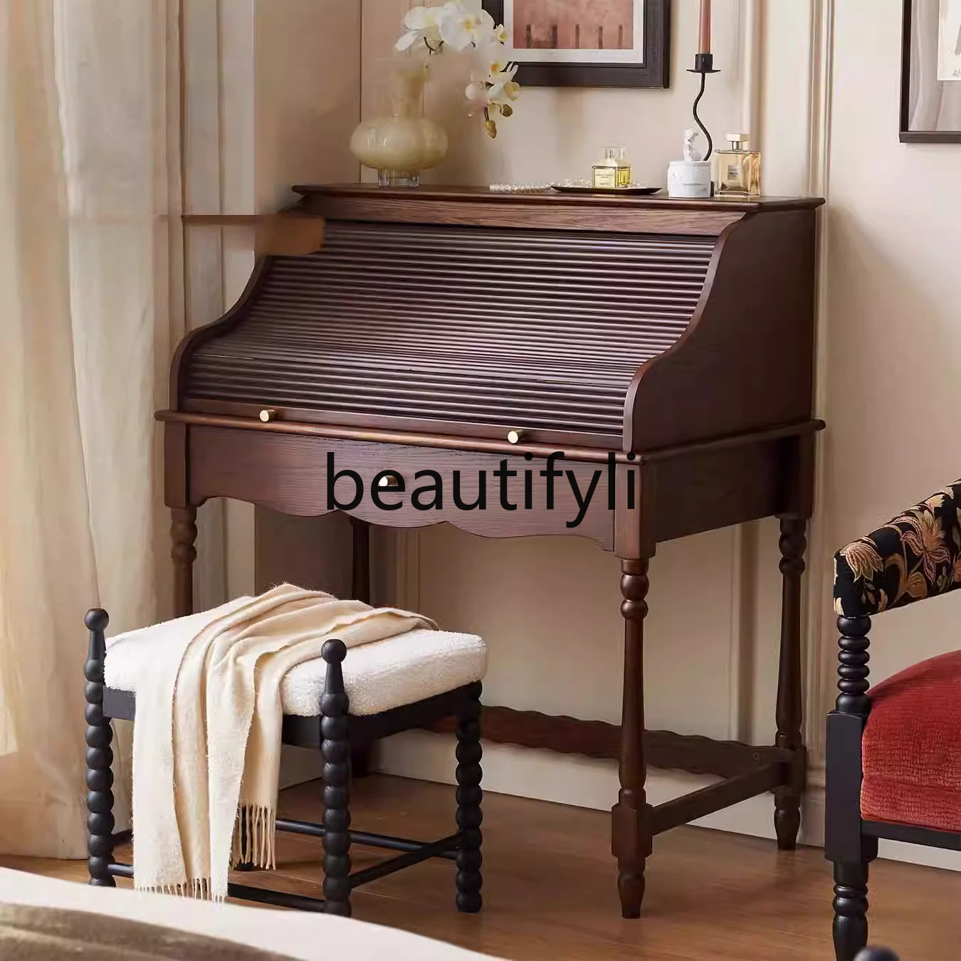 French retro roller shutter dresser solid wood makeup table storage integrated bedroom small apartment
French retro roller shutter dresser solid wood makeup table storage integrated bedroom small apartment