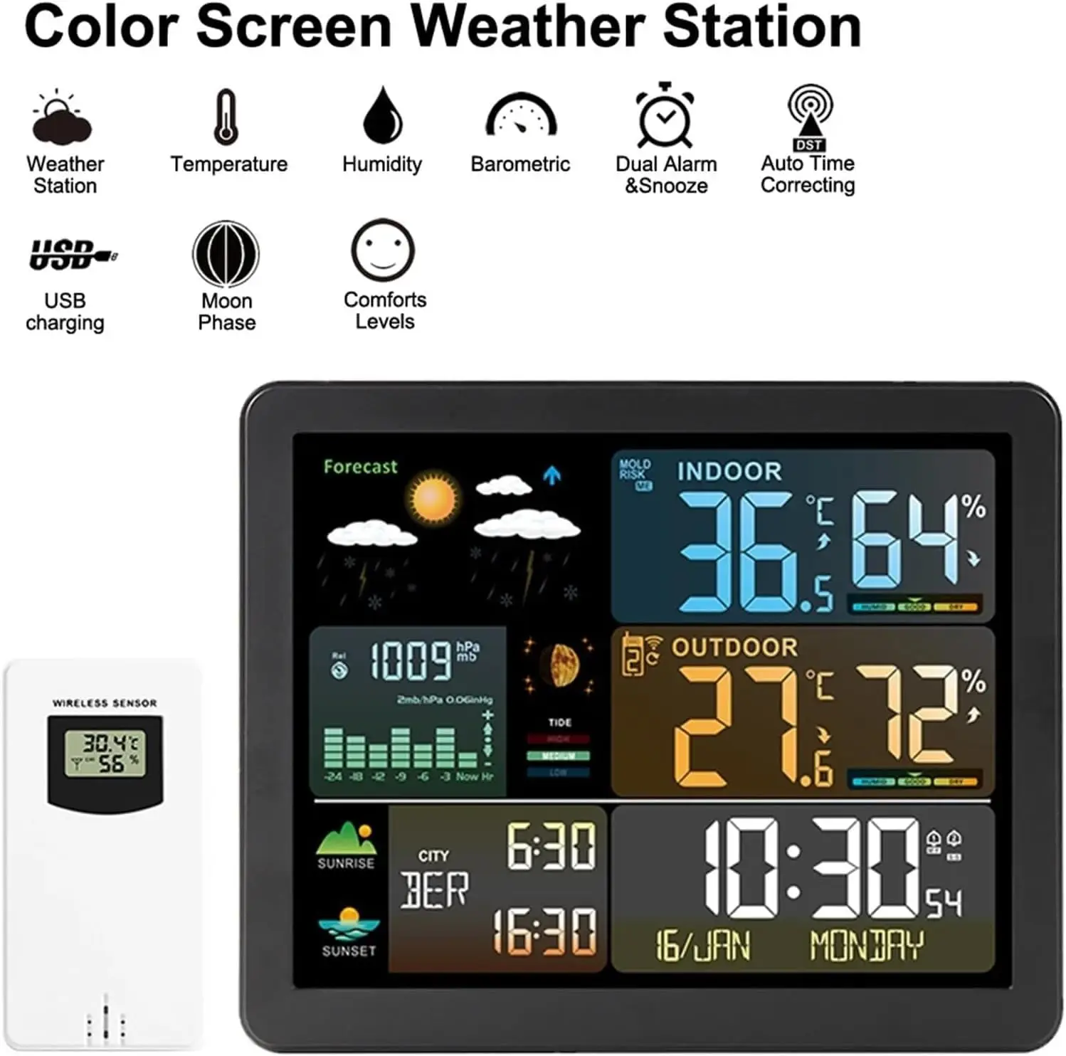 Wireless Digital Weather Station Clock Indoor Outdoor Temp Humidity Monitor Forecast Alarm Moon Phase Sunrise Sunset for Home
Wireless Digital Weather Station Clock Indoor Outdoor Temp Humidity Monitor Forecast Alarm Moon Phase Sunrise Sunset for Home