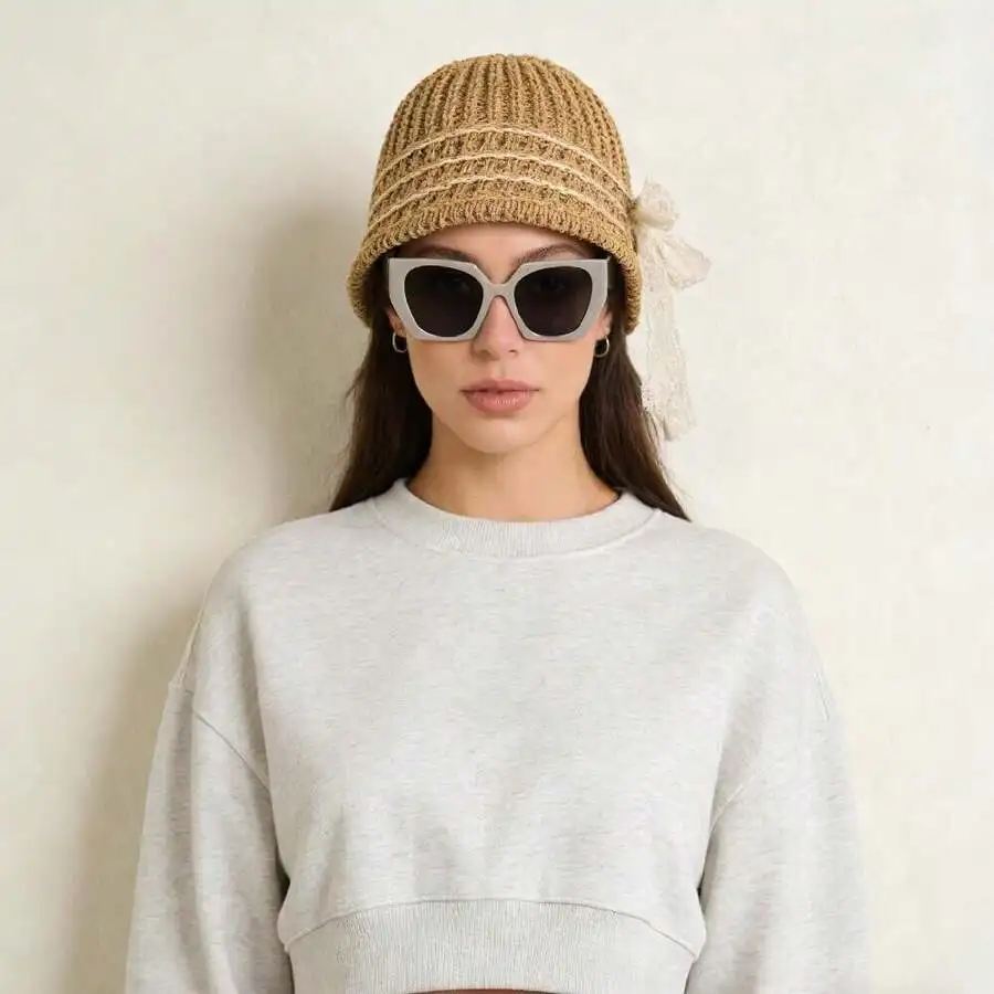 Beige Striped Knitted Straw Sun Hat With Bow And Square Sunglasses For Women
Beige Striped Knitted Straw Sun Hat With Bow And Square Sunglasses For Women