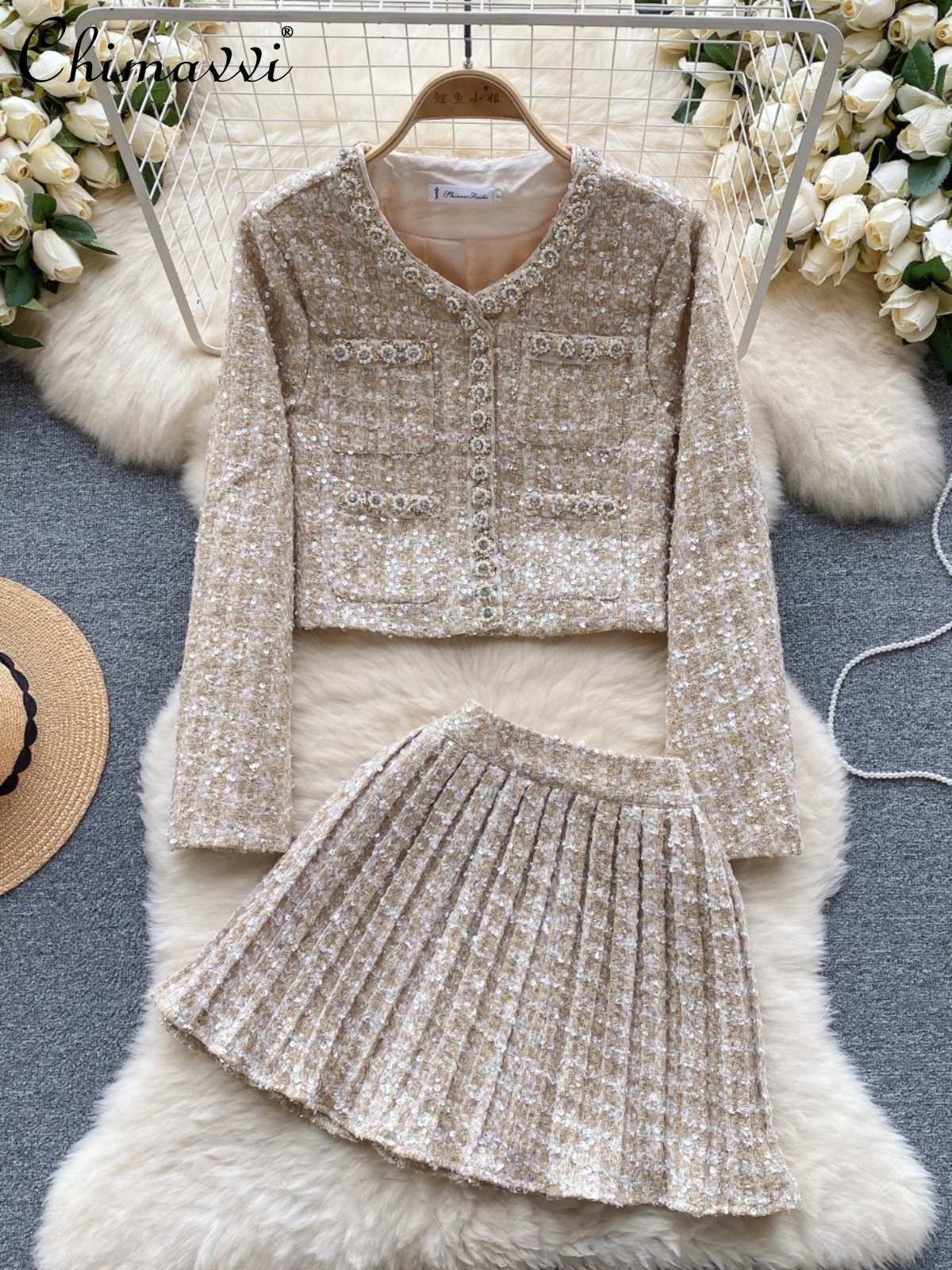 2024 Spring Tweed Skirt Suit Sweet Beaded Sequins V-neck Long Sleeve Jacket High Waist Pleated Skirt Two-Piece Set For Women
2024 Spring Tweed Skirt Suit Sweet Beaded Sequins V-neck Long Sleeve Jacket High Waist Pleated Skirt Two-Piece Set For Women