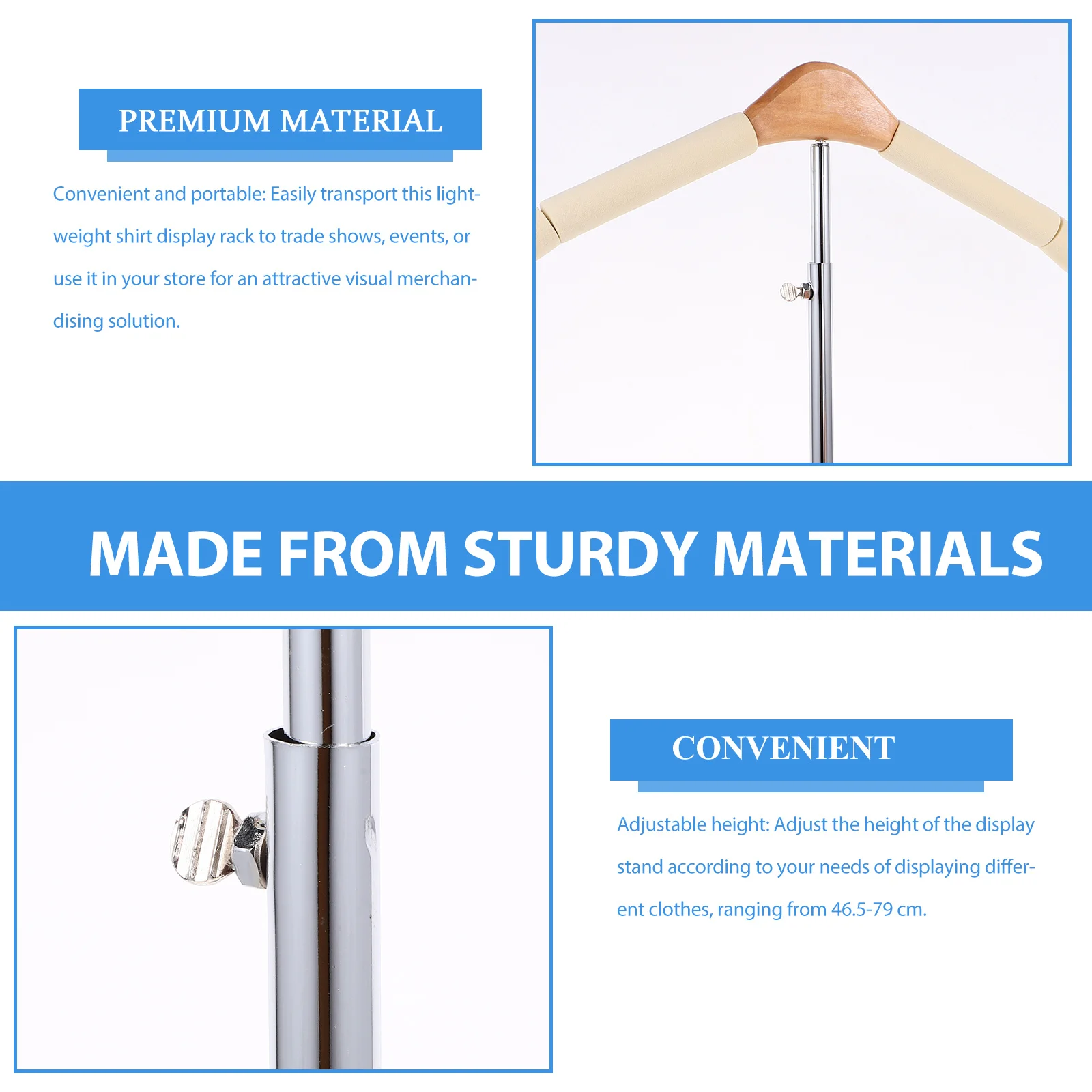 Adjustable T Shirt Display Stand Stainless Steel Clothes Rack Wooden Base Height 465-79cm Portable Retail T Shirt Display Stand
Adjustable T Shirt Display Stand Stainless Steel Clothes Rack Wooden Base Height 465-79cm Portable Retail T Shirt Display Stand