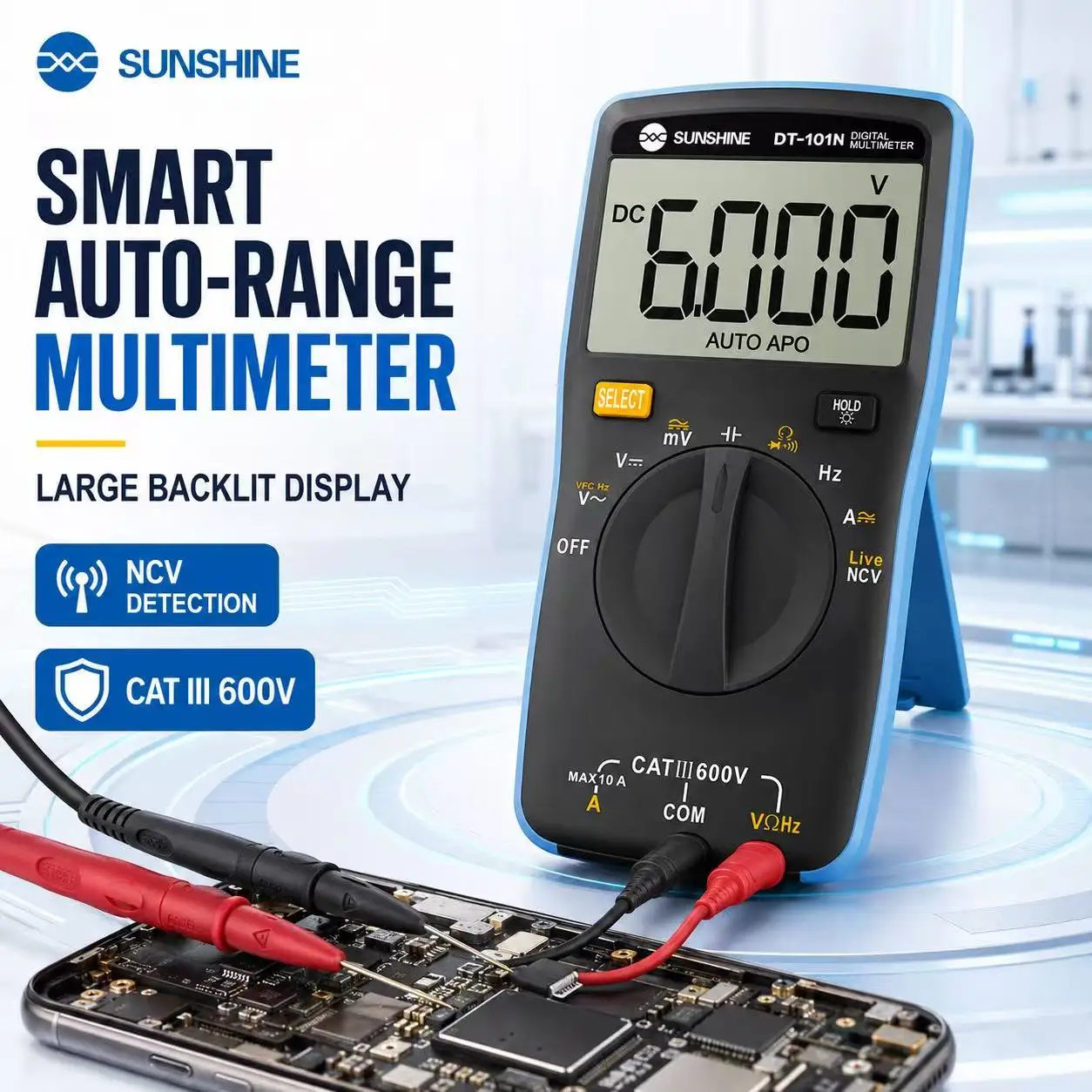 SUNSHINE DT-101N Smart Auto Range Digital Multimeter 600V NCV Voltage Current Resistance Tester for Mobile Phone PCB Repair Tool
SUNSHINE DT-101N Smart Auto Range Digital Multimeter 600V NCV Voltage Current Resistance Tester for Mobile Phone PCB Repair Tool