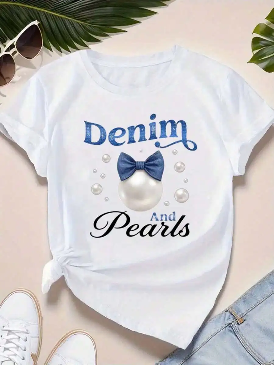 Women Round Neck T-Shirt With Denim And Pearl Print Bow Design Casual Summer Top
Women Round Neck T-Shirt With Denim And Pearl Print Bow Design Casual Summer Top