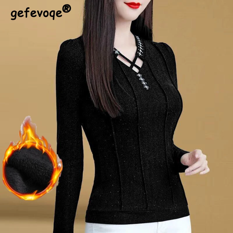 Women's Clothing Autumn Winter Korean Fashion Sexy Hollow Bright Silk Elegant Plush Basic T-shirts Long Sleeve V Neck Slim Tops
Women's Clothing Autumn Winter Korean Fashion Sexy Hollow Bright Silk Elegant Plush Basic T-shirts Long Sleeve V Neck Slim Tops