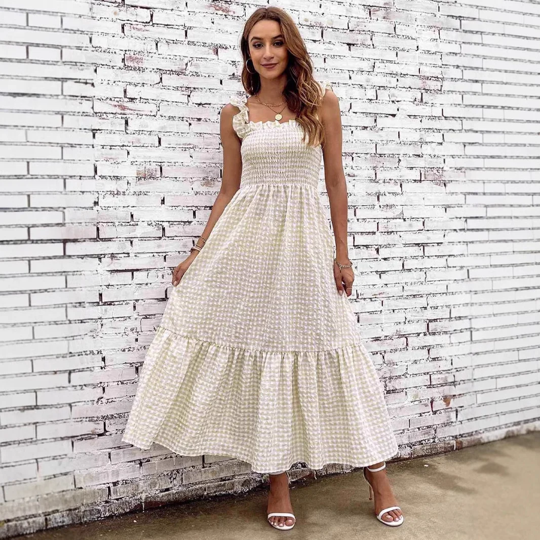 Elegant Checkered Strap Summer Dress for Women A-line Big Flare Casual Party Wear Slim Fit Breathable High Waist
Elegant Checkered Strap Summer Dress for Women A-line Big Flare Casual Party Wear Slim Fit Breathable High Waist