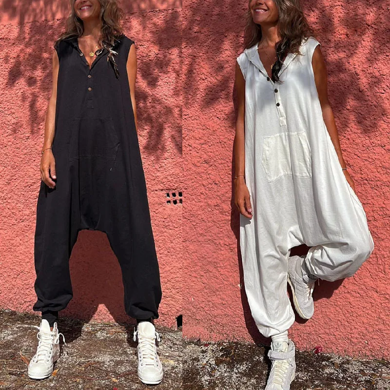 Summer Loose Plus Solid Color Casual Sleeveless Hooded Jumpsuit 2025 Fashionable And Personalized Button Up Women's Jumpsuit
Summer Loose Plus Solid Color Casual Sleeveless Hooded Jumpsuit 2025 Fashionable And Personalized Button Up Women's Jumpsuit