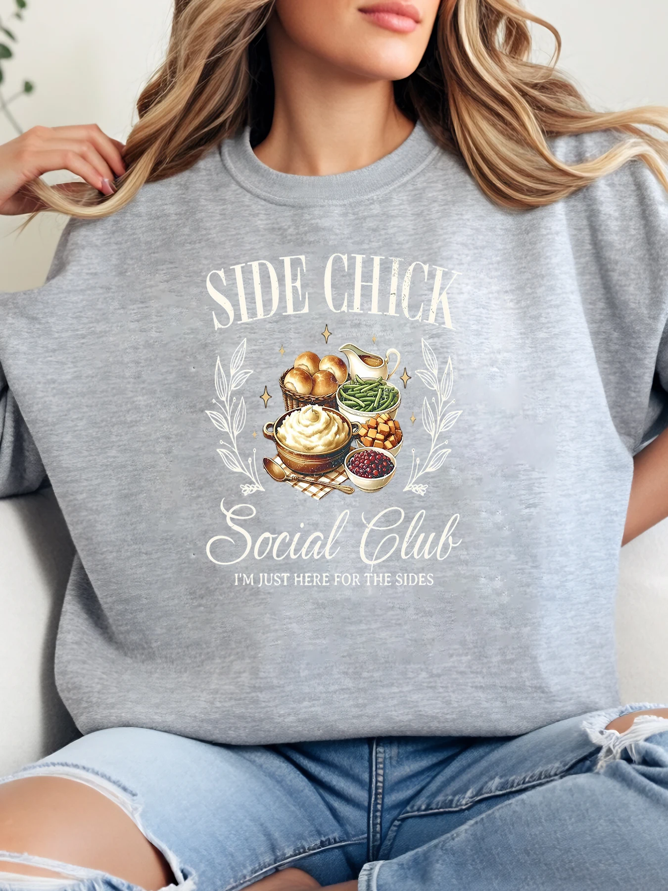 Side Chick Social Club Food Print Crewneck Sweatshirt Thanksgiving Women Casual Wear Gray Plus-Size
Side Chick Social Club Food Print Crewneck Sweatshirt Thanksgiving Women Casual Wear Gray Plus-Size