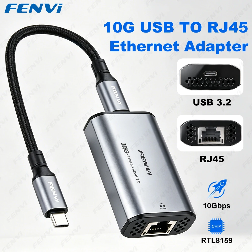 Fenvi 10G Ethernet Adapter USB 3.2 to RJ45 Network Card RTL8159 High Speed for Windows 7/8/10/11 Linux
Fenvi 10G Ethernet Adapter USB 3.2 to RJ45 Network Card RTL8159 High Speed for Windows 7/8/10/11 Linux