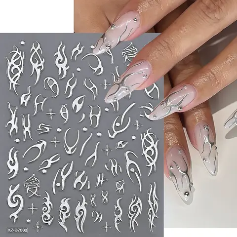 1Pcs 3D Metal Silver Thorn Flame Nail Stickers Irregular Abstract Lines Adhesive Slider Y2K Spicy Girls Nails Decoration Decals