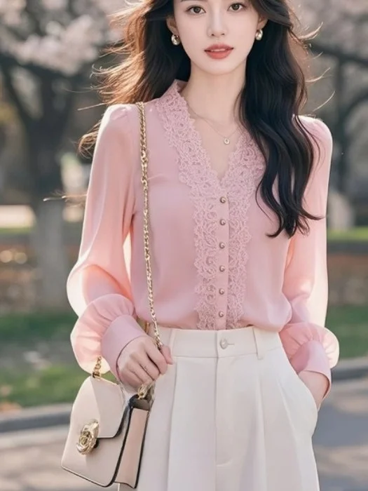 Ele Pink Chiffon irt Women's Faionable Top Light Luxury Spring Autumn Unique Small irt High-End Feeling V-ne Long...
Ele Pink Chiffon irt Women's Faionable Top Light Luxury Spring Autumn Unique Small irt High-End Feeling V-ne Long...