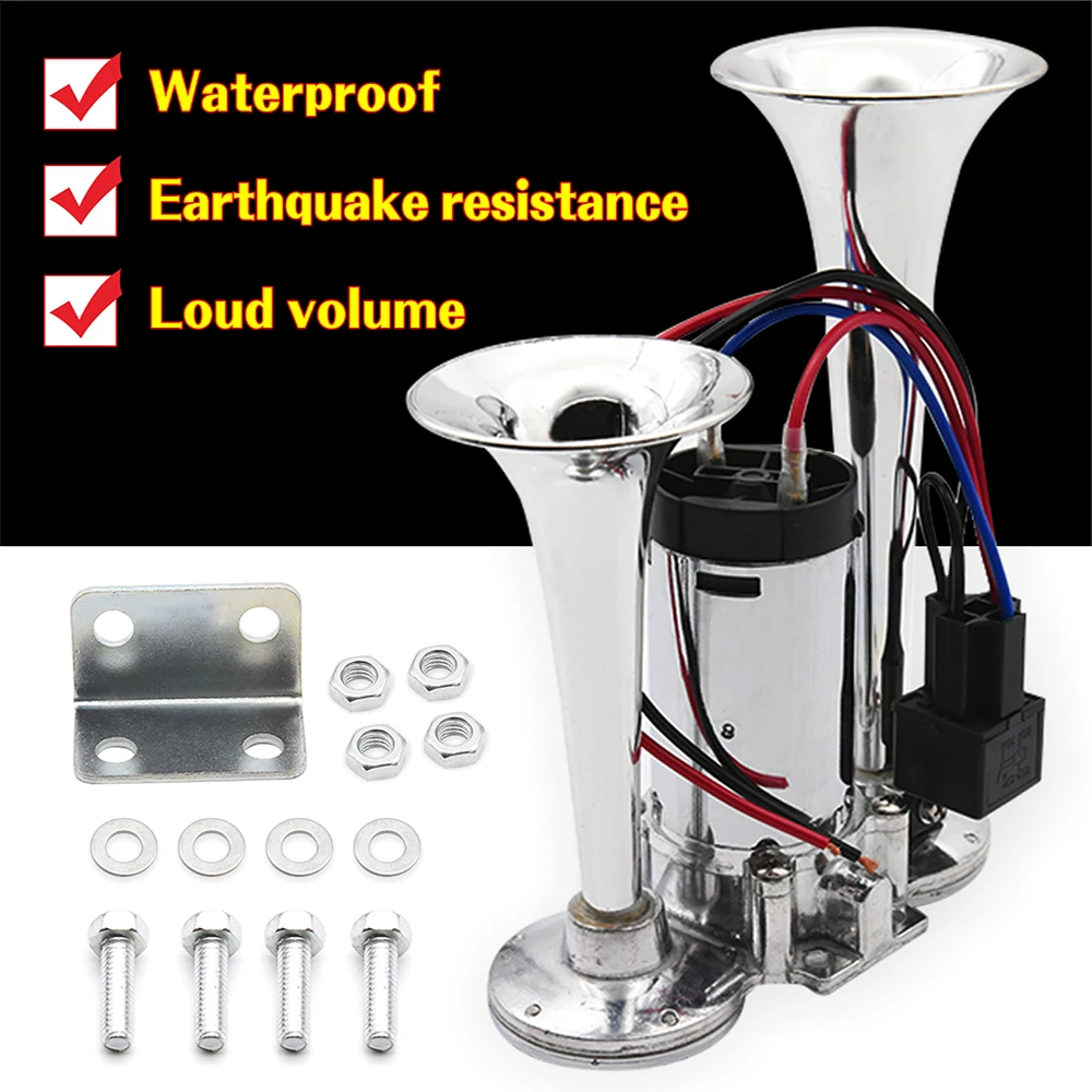 150db Car Electric Loud Horn Dual Trumpets Speaker Auto 12v Air Horn Siren Sound Security Alarm Signal for Train Truck Boat SUV
150db Car Electric Loud Horn Dual Trumpets Speaker Auto 12v Air Horn Siren Sound Security Alarm Signal for Train Truck Boat SUV