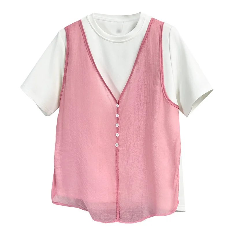 2026 Summer Plus Size Fake Two Piece T-Shirt Women O-Neck Splice Vest Short Sleeve Versatile Casual Tops For Curvy Ladies 8882
2026 Summer Plus Size Fake Two Piece T-Shirt Women O-Neck Splice Vest Short Sleeve Versatile Casual Tops For Curvy Ladies 8882