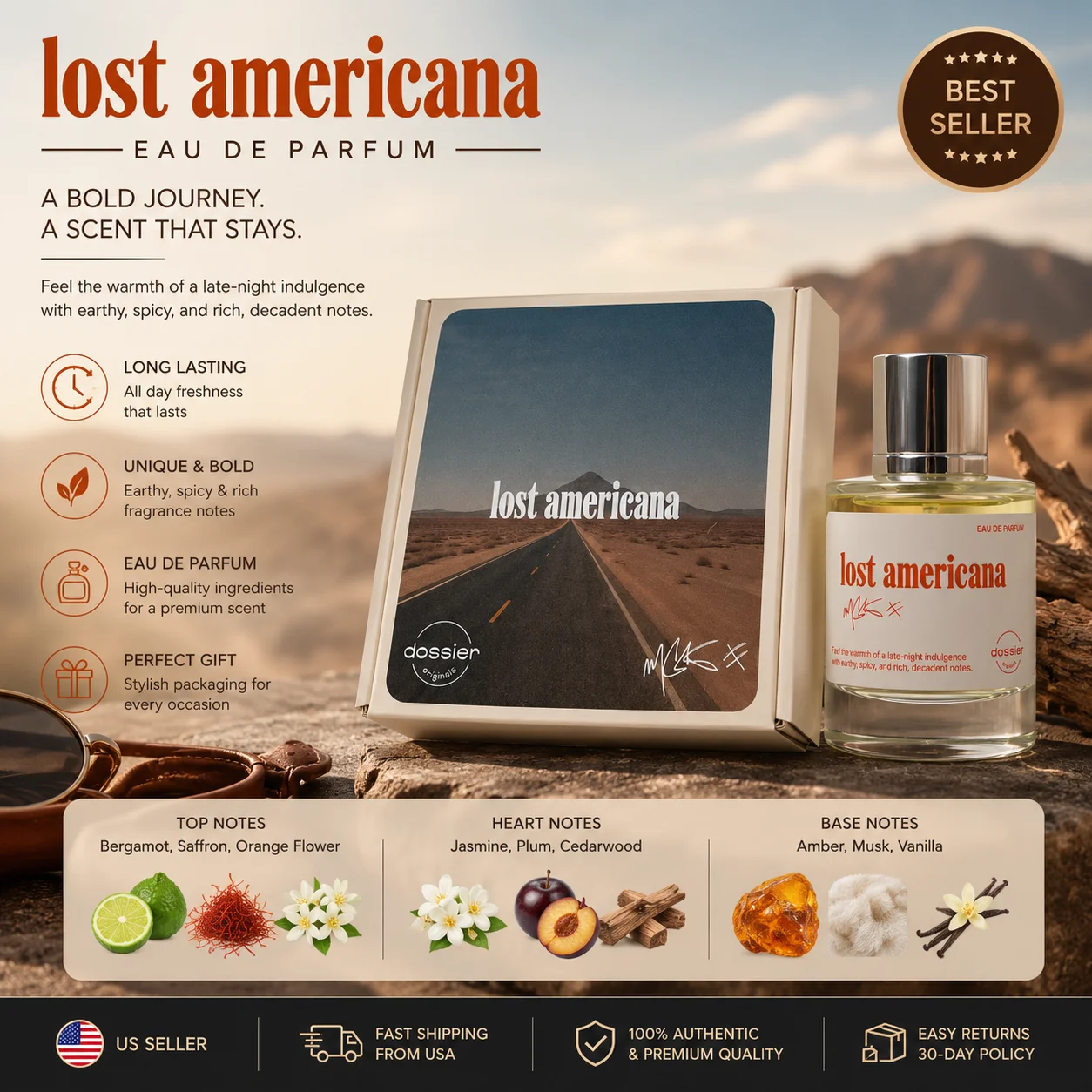 Dossier Lost Americana Perfume 50ml - Warm Spicy Tobacco Vanilla Fragrance Unisex - Long Lasting Earthy Scent - Rich EDP Gift For Him Her
Dossier Lost Americana Perfume 50ml - Warm Spicy Tobacco Vanilla Fragrance Unisex - Long Lasting Earthy Scent - Rich EDP Gift For Him Her