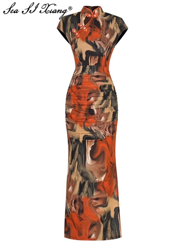 Seasixiang Fashion Designer Summer Dress Women Stand Collar Sleeveless Beading Button Print Chinese Style Slit Dresses
Seasixiang Fashion Designer Summer Dress Women Stand Collar Sleeveless Beading Button Print Chinese Style Slit Dresses
