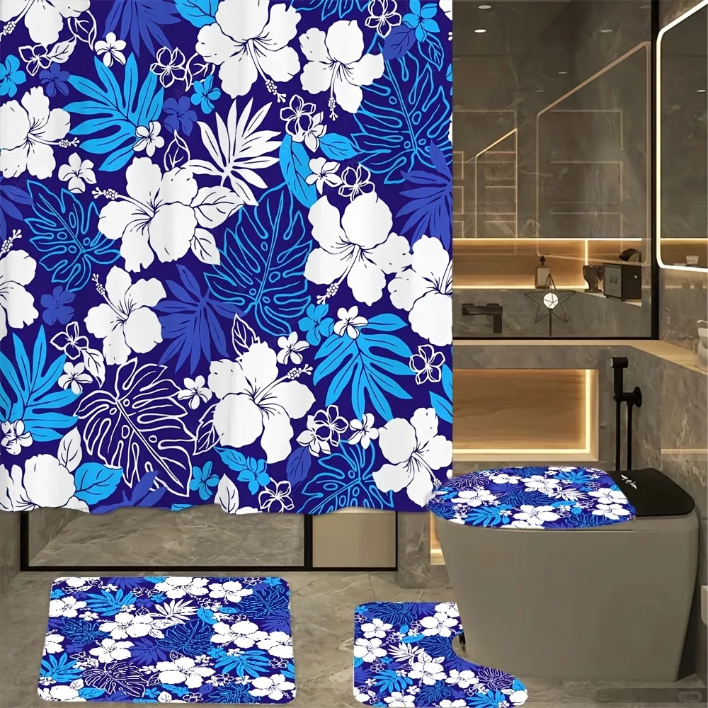Набор из 4 предметов для ванной комнаты с тропическим цветочным принтом: занавеска для душа, коврик для ванной, крышка унитаза, крышка бака – яркий Гавайский декор 
Набор из 4 предметов для ванной комнаты с тропическим цветочным принтом: занавеска для душа, коврик для ванной, крышка унитаза, крышка бака – яркий Гавайский декор