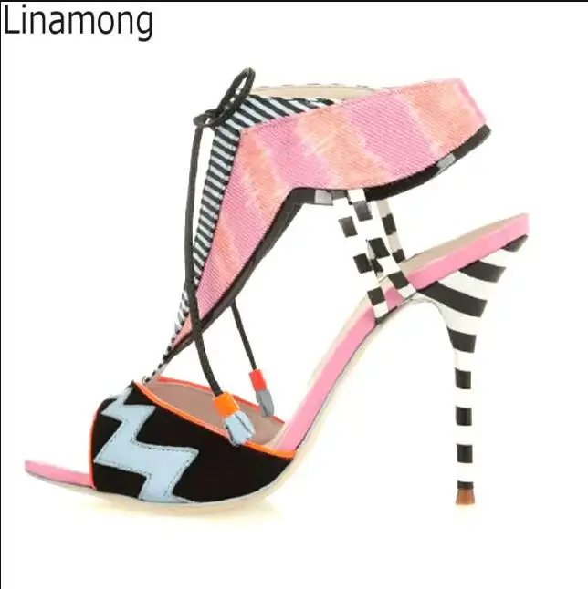 Pink Denim Cloth Lighting Patchwork Sandals Stripe High Heels Gladiator Women Tassel Lace-up Summer Dress Shoes Woman
Pink Denim Cloth Lighting Patchwork Sandals Stripe High Heels Gladiator Women Tassel Lace-up Summer Dress Shoes Woman