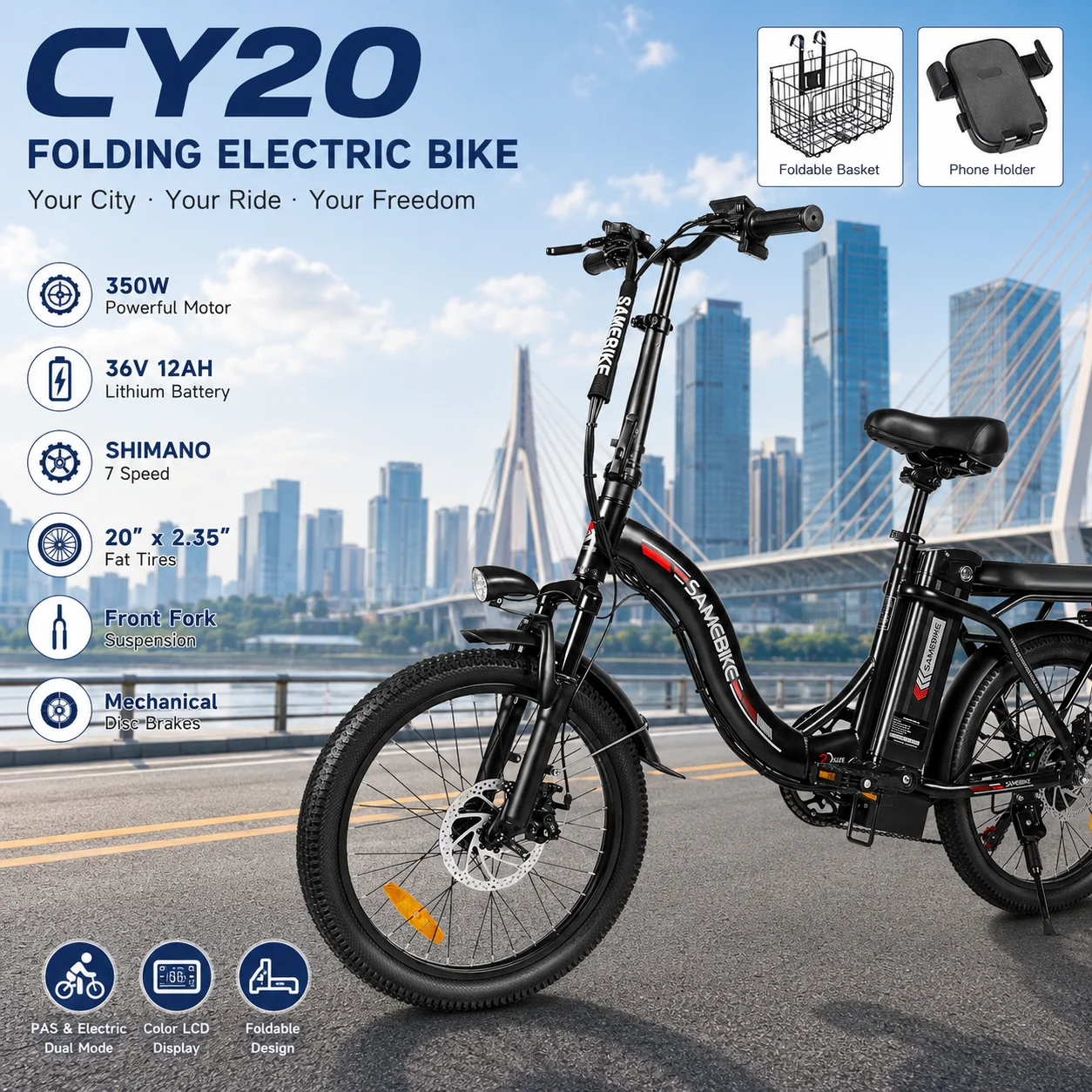 SAMEBIKE CY20 Folding Electric Bike 350W Motor E-Bike 36V 12Ah Battery 20”x2.35” Fat Tire Shimano 7-Speed LCD
SAMEBIKE CY20 Folding Electric Bike 350W Motor E-Bike 36V 12Ah Battery 20”x2.35” Fat Tire Shimano 7-Speed LCD