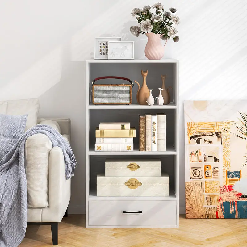 48 Inch Tall 4 Tiers Wood Bookcase with Drawer-White
48 Inch Tall 4 Tiers Wood Bookcase with Drawer-White