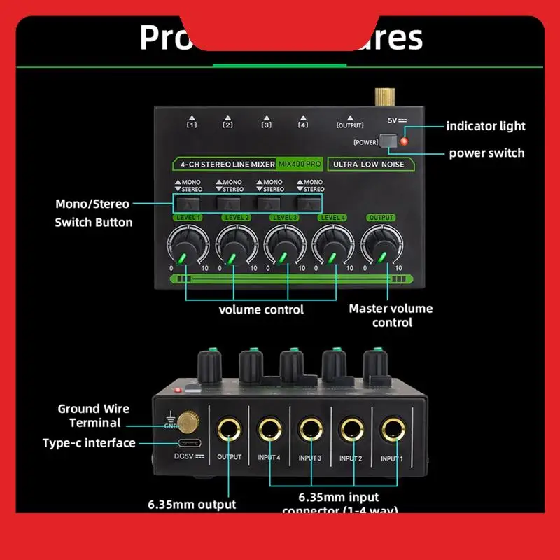 Mix400 Pro 4 Channel Professional Sound Mixer With RGB Light Mini Audio Mixer Line Mixer Small Audio Mixer For Club Bar
Mix400 Pro 4 Channel Professional Sound Mixer With RGB Light Mini Audio Mixer Line Mixer Small Audio Mixer For Club Bar