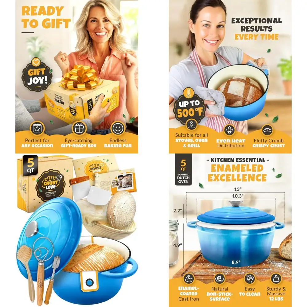Enameled Cast Iron Dutch Oven for Bread Baking - 5QT with Lid, Banneton, Bread-Proofing Basket, Sourdough Starter Kit
Enameled Cast Iron Dutch Oven for Bread Baking - 5QT with Lid, Banneton, Bread-Proofing Basket, Sourdough Starter Kit
