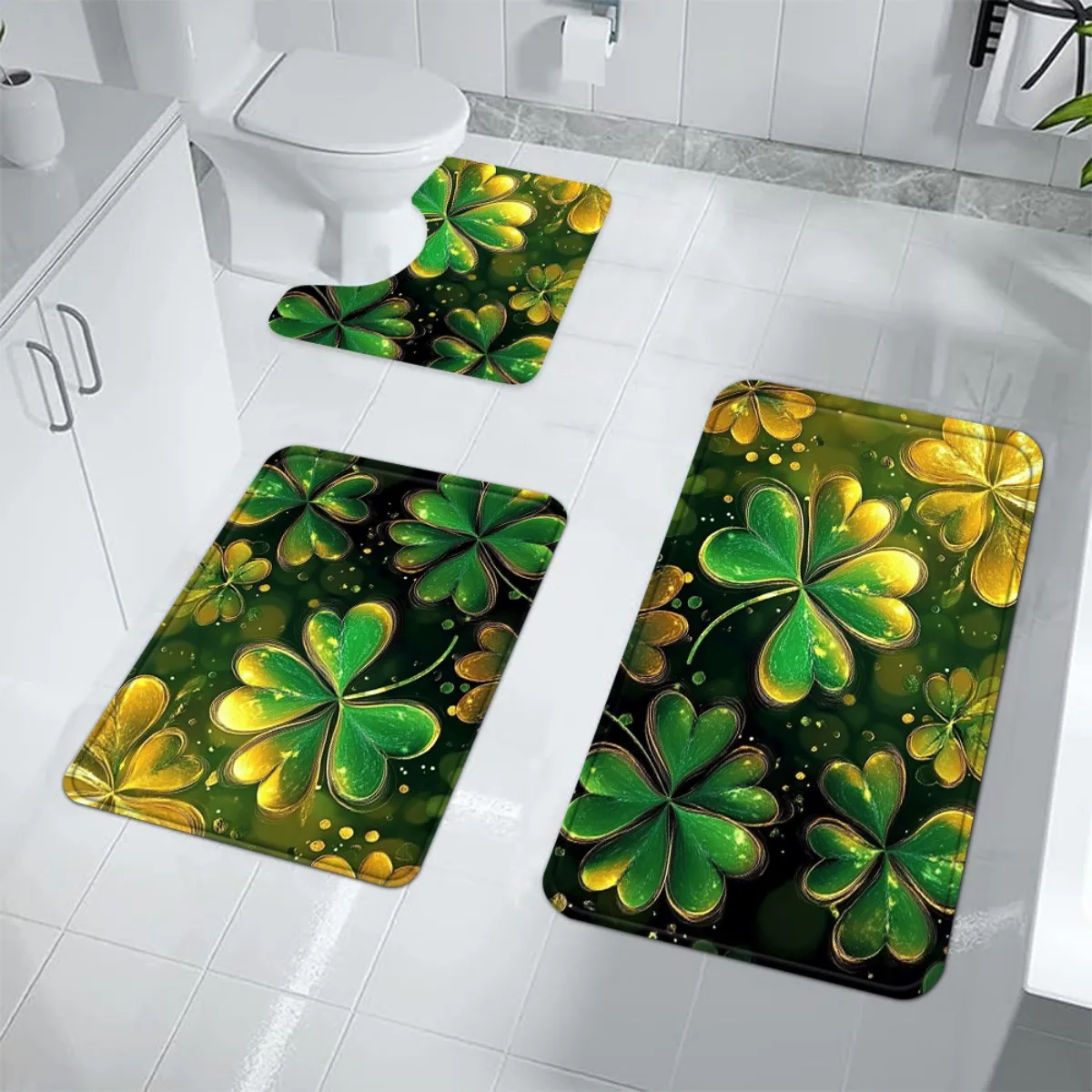 Набор из 3 ковриков для ванной с узором в виде четырехлистного клевера, зеленый с золотом, нескользящие, влаговпитывающие, для дома
Набор из 3 ковриков для ванной с узором в виде четырехлистного клевера, зеленый с золотом, нескользящие, влаговпитывающие, для дома