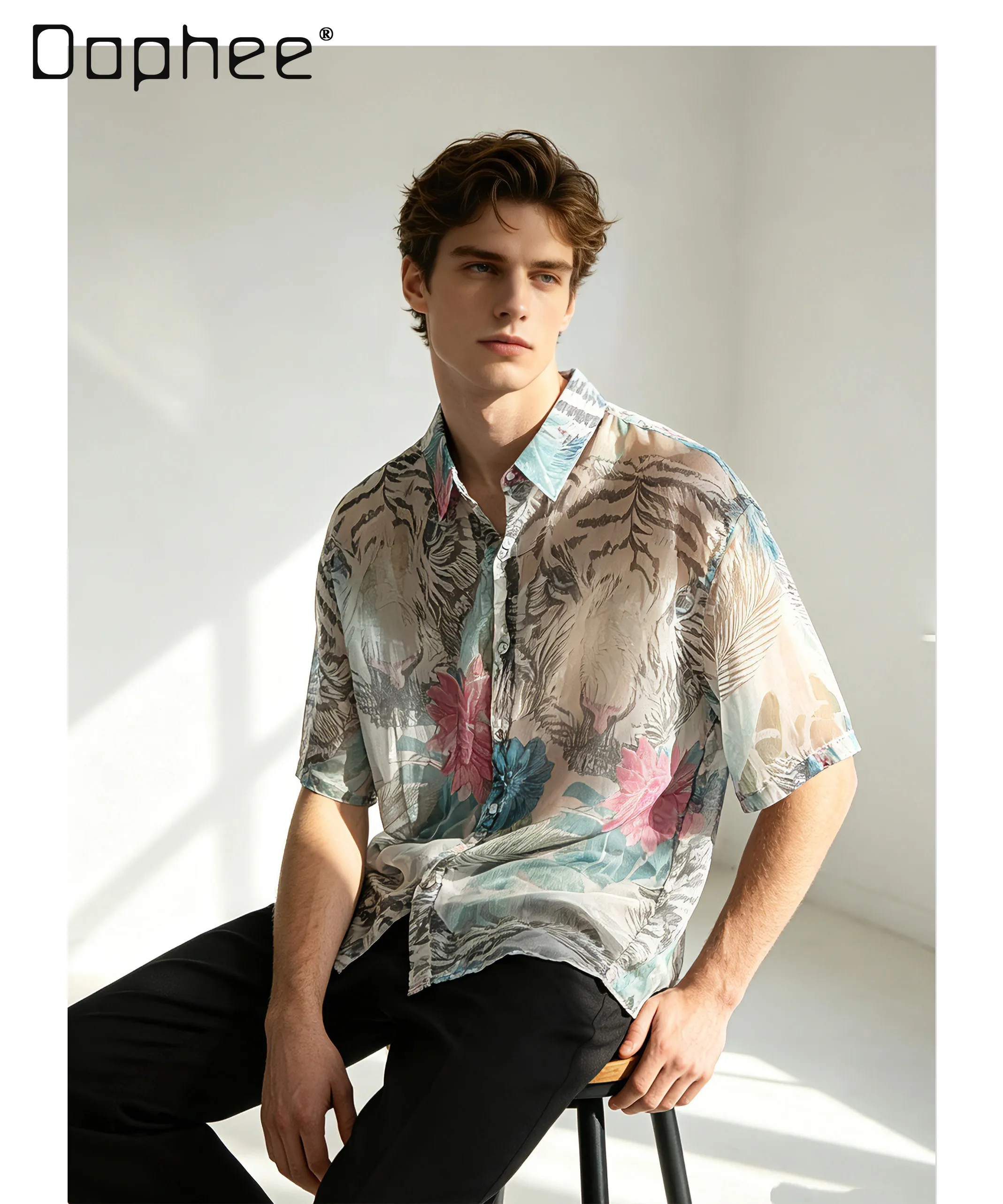Summer Men Vintage White Tiger Floral Peacock Feather Print Short Sleeve Shirt Loose Breathable Holiday Lapel Casual Blouse
Summer Men Vintage White Tiger Floral Peacock Feather Print Short Sleeve Shirt Loose Breathable Holiday Lapel Casual Blouse