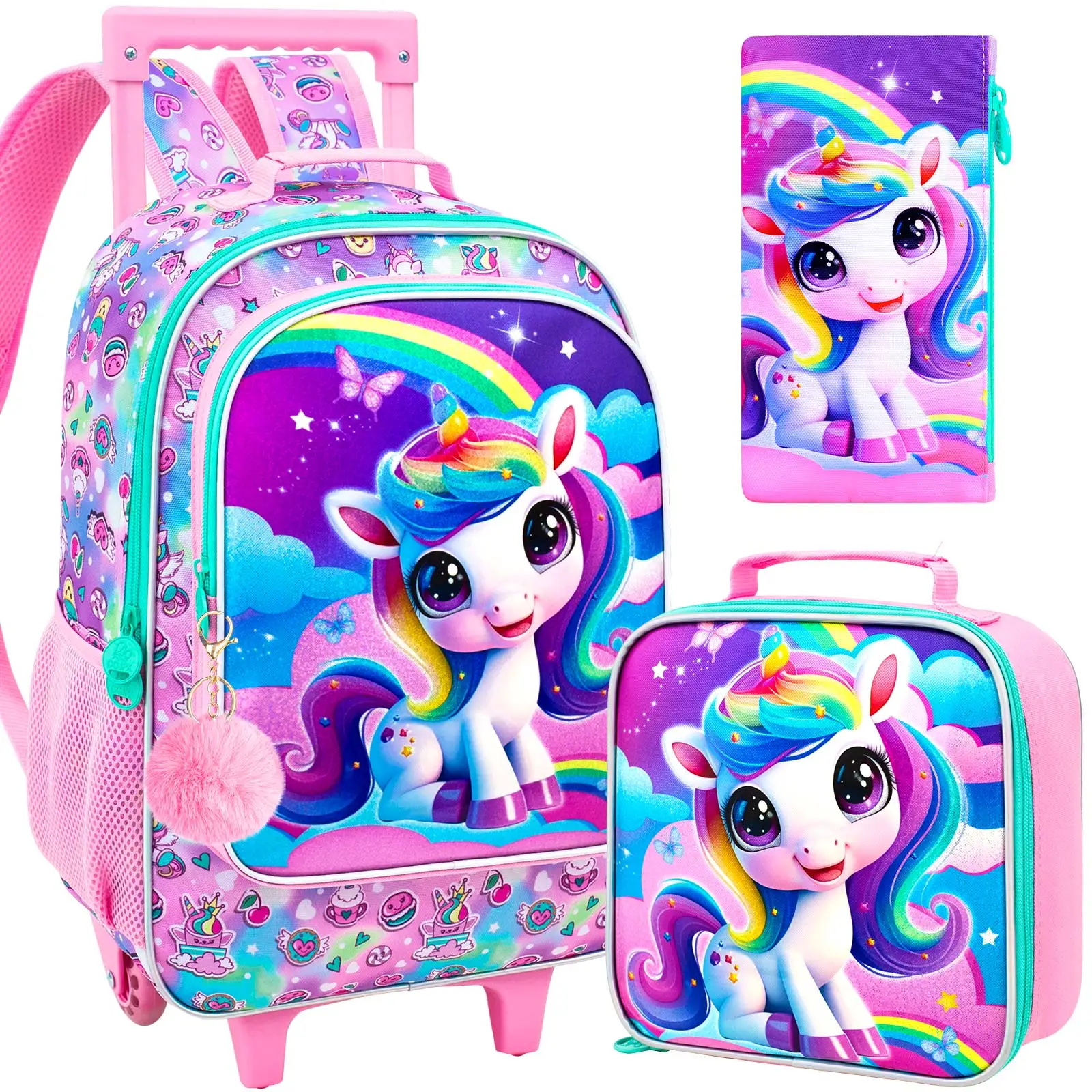 3Pcs Girls Unicorn Rolling Backpack Set, Rainbow Glitter Wheeled School Bag with Lunch Box Pencil Case
3Pcs Girls Unicorn Rolling Backpack Set, Rainbow Glitter Wheeled School Bag with Lunch Box Pencil Case