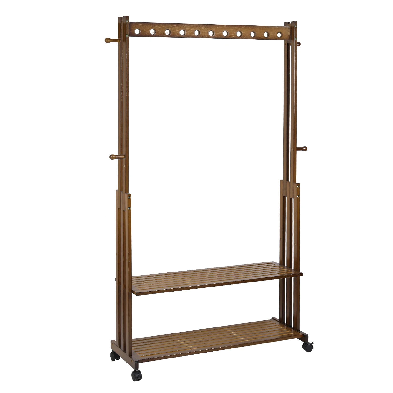 Wood Garment Rack Rolling Bamboo Clothes Hanging Rail with 2 Shelves and Bag Hooks
Wood Garment Rack Rolling Bamboo Clothes Hanging Rail with 2 Shelves and Bag Hooks