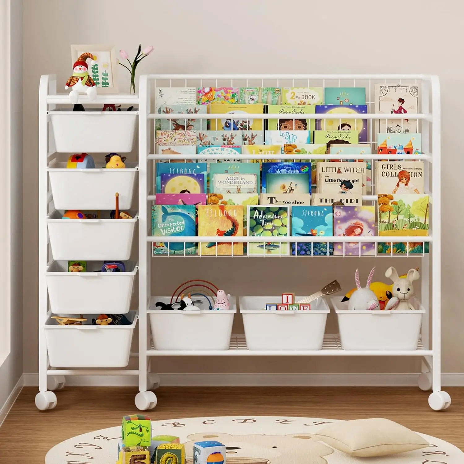 Kids Bookshelf with Toy Storage Organizer 2-in-1 48 Inch Large Metal Kids Book Rack with 8 Toy Storage Bins
Kids Bookshelf with Toy Storage Organizer 2-in-1 48 Inch Large Metal Kids Book Rack with 8 Toy Storage Bins
