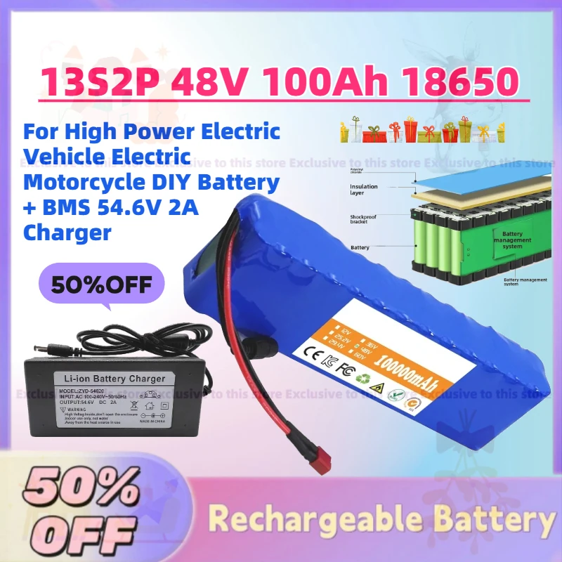 Upgrade New 13S2P 48V 100Ah 18650 Battery for High Power Electric Vehicle Electric Motorcycle DIY Battery + BMS 54.6V 2A Charger
Upgrade New 13S2P 48V 100Ah 18650 Battery for High Power Electric Vehicle Electric Motorcycle DIY Battery + BMS 54.6V 2A Charger