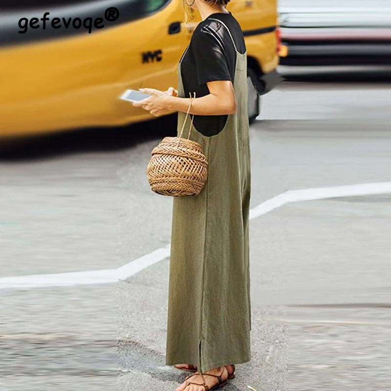 2024 Women's Summer Holiday Spaghetti Strap Sleeveless Cotton Wide Leg Romper Fashion Casual Solid Loose Jumpsuit Ropa De Mujer
2024 Women's Summer Holiday Spaghetti Strap Sleeveless Cotton Wide Leg Romper Fashion Casual Solid Loose Jumpsuit Ropa De Mujer