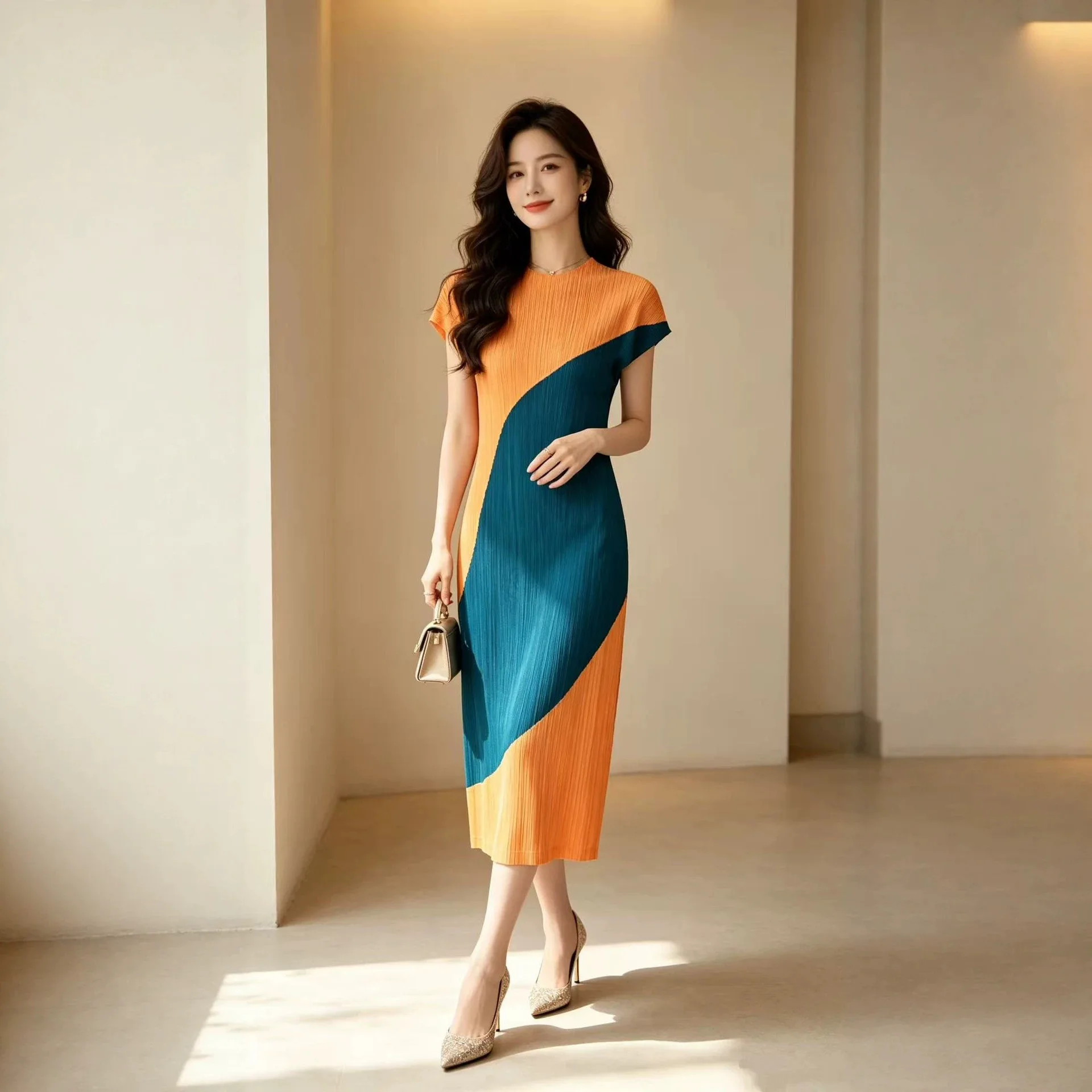 Miyake Pleated Women's Casual Dress 2026 New Contrast Color Splicing Round Neck Short Sleeve Loose Elegant Long Dress
Miyake Pleated Women's Casual Dress 2026 New Contrast Color Splicing Round Neck Short Sleeve Loose Elegant Long Dress