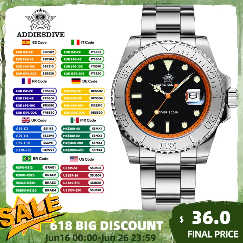 ADDIESDIVE AD2040 Man Watch Stainless Steel BGW9 Blue Luminous Calendar Display 200m Waterproof Quartz Watch Relógio Masculino
ADDIESDIVE AD2040 Man Watch Stainless Steel BGW9 Blue Luminous Calendar Display 200m Waterproof Quartz Watch Relógio Masculino