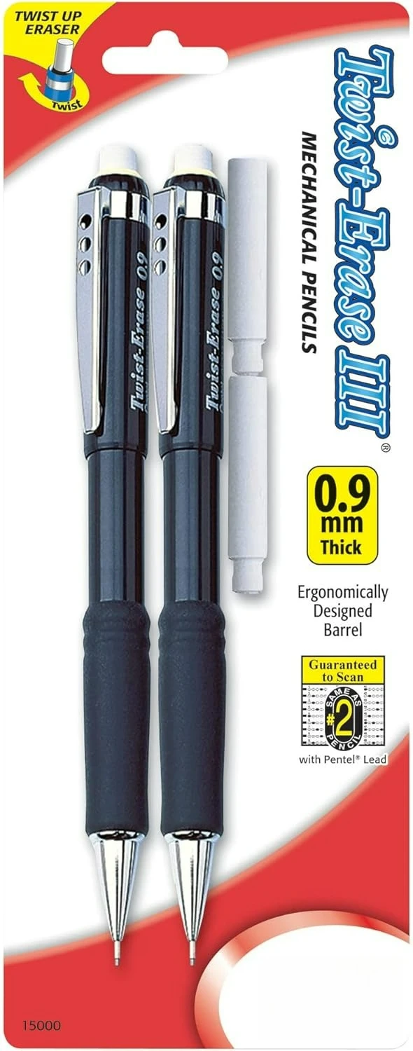 Twist-Erase III Mechanical Pencil, (0.9mm), Assorted Barrel Colors with 2 Eraser Refills, Pack of 2 (QE519BP2-K6)
Twist-Erase III Mechanical Pencil, (0.9mm), Assorted Barrel Colors with 2 Eraser Refills, Pack of 2 (QE519BP2-K6)