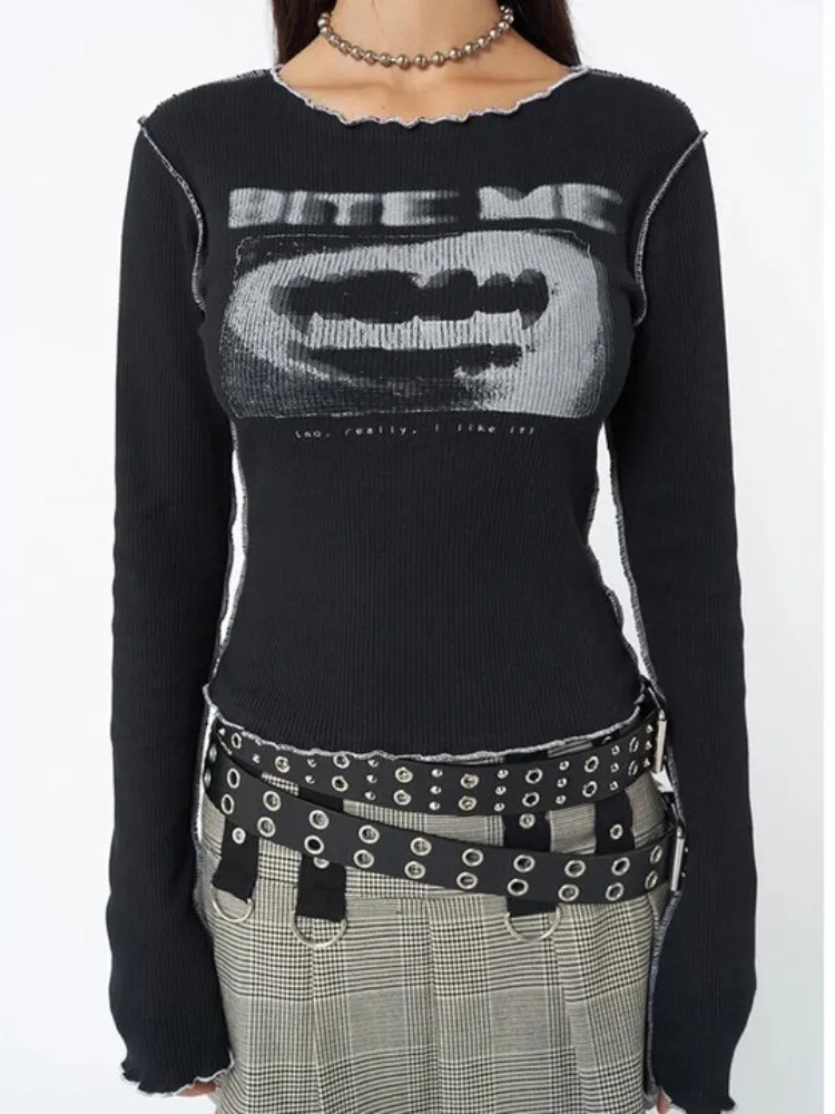 Women's Long-Sleeved T-shirt, Gothic Street Clothing, Retro Clothing, Black, Skull Cut Blouse, Slimming, Korean Fashion
Women's Long-Sleeved T-shirt, Gothic Street Clothing, Retro Clothing, Black, Skull Cut Blouse, Slimming, Korean Fashion